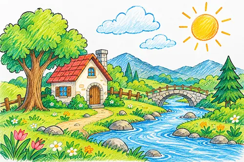 Hand-drawn house, trees and river scene