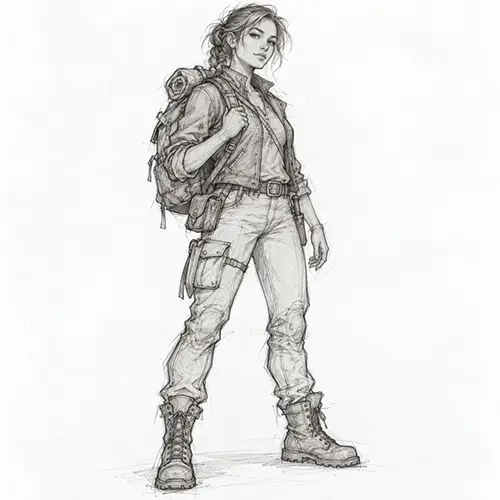 Pencil design sketch of an explorer character