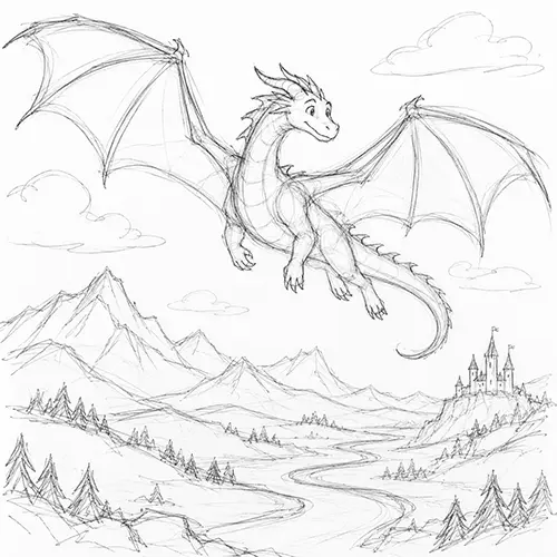 Hand-drawn line art of a dragon and a fantasy landscape